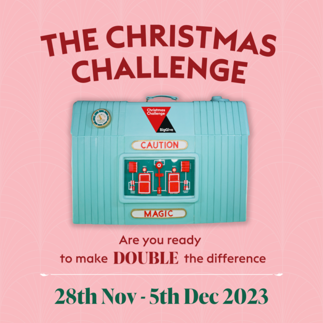 A blue suitcase with red text: The Christmas Challenge. 28 nov - 5 December. Are you ready to double the difference