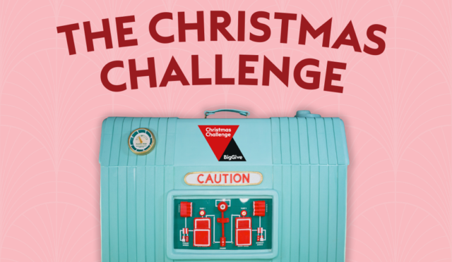 A blue suitcase with red text: The Christmas Challenge. 28 nov - 5 December. Are you ready to double the difference